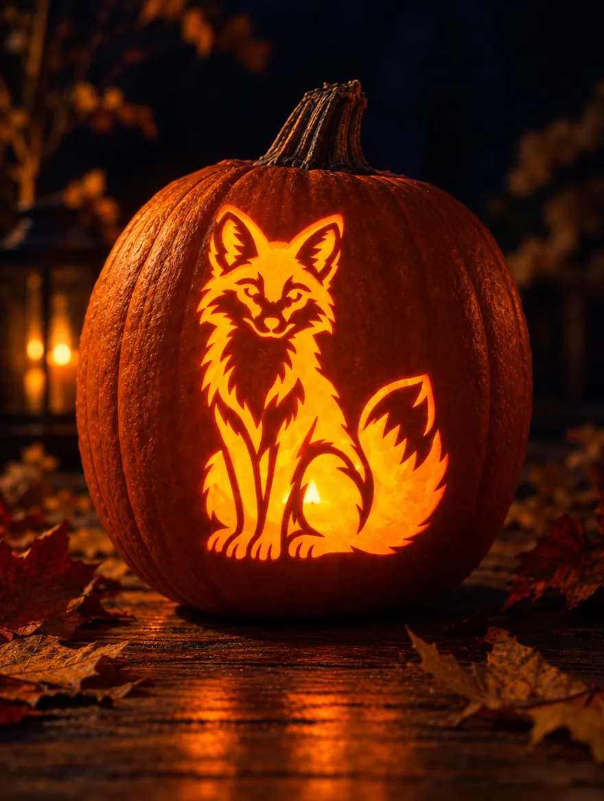 A fox carved into a glowing pumpkin