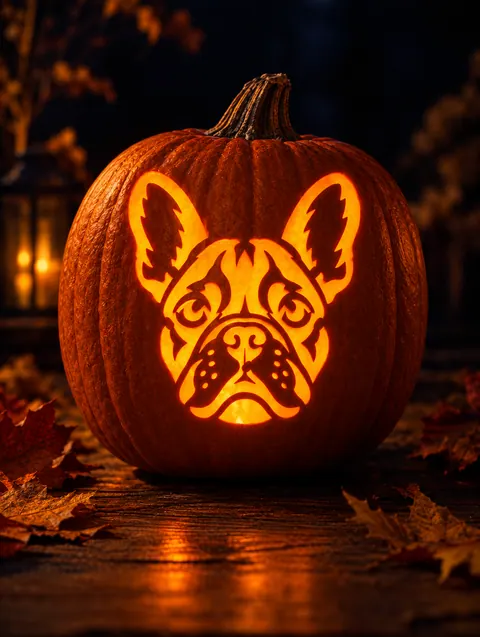 French Bulldog design carved into a pumpkin and lit with a candle