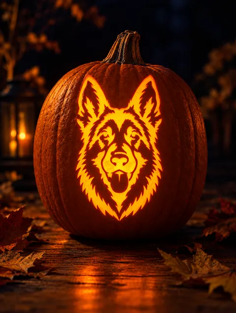 German Shepherd design carved into a pumpkin and lit with a candle
