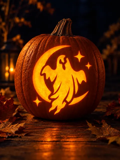 Ghost and Moon design carved into a pumpkin and lit with a candle