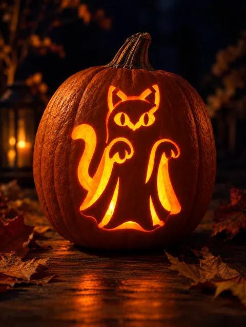 Ghost Cat design carved into a pumpkin and lit with a candle