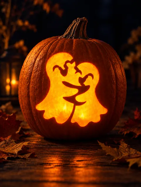 Hugging Ghosts design carved into a pumpkin and lit with a candle