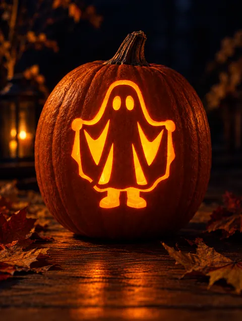 Bedsheet Ghost design carved into a pumpkin and lit with a candle