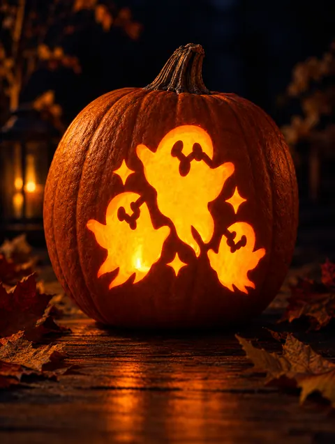 Ghost Trio design carved into a pumpkin and lit with a candle