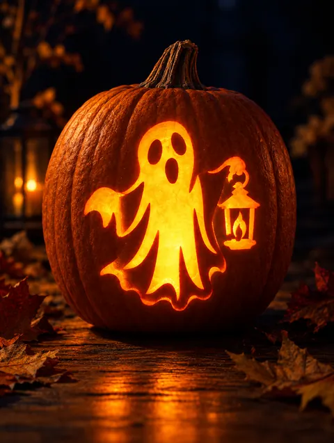 Ghost with Lantern design carved into a pumpkin and lit with a candle