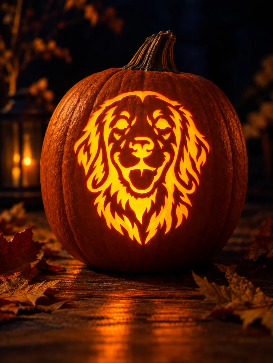 Golden Retriever design carved into a pumpkin and glowing with candlelight