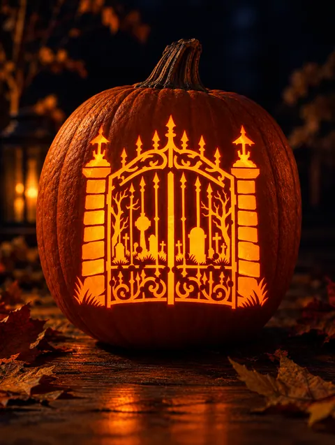 Graveyard gate carved pumpkin