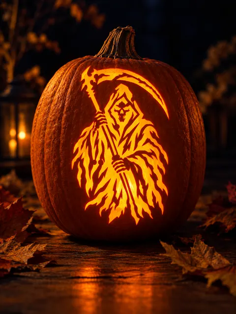 Grim Reaper design carved into a pumpkin and lit with a candle