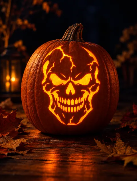 Grinning Skull design carved into a pumpkin and lit with a candle
