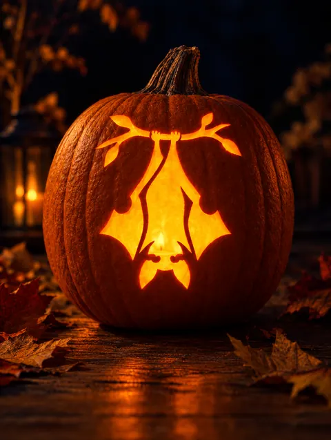Hanging Bat design carved into a pumpkin and lit with a candle