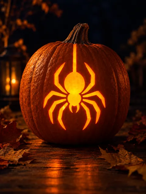 Hanging Spider design carved into a pumpkin and lit with a candle