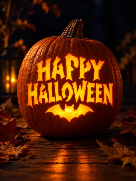 Happy Halloween design carved into a pumpkin and lit with a candle