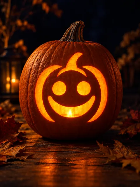Happy Pumpkin Face design carved into a pumpkin and lit with a candle