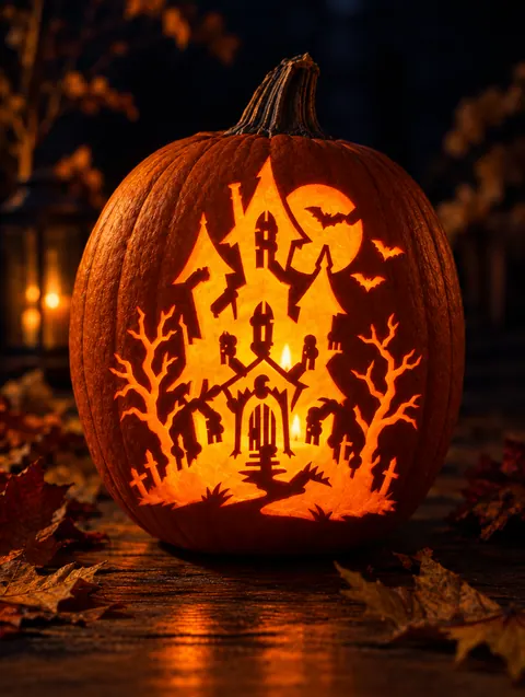 Haunted House design carved into a pumpkin and lit with a candle