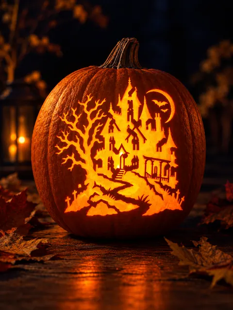 Haunted mansion on a hill carved pumpkin