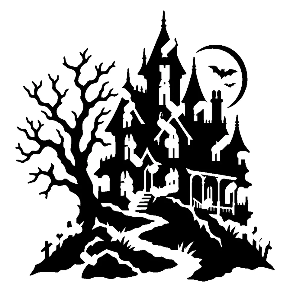 Mansion on the Hill pumpkin stencil, printable black and white haunted house template