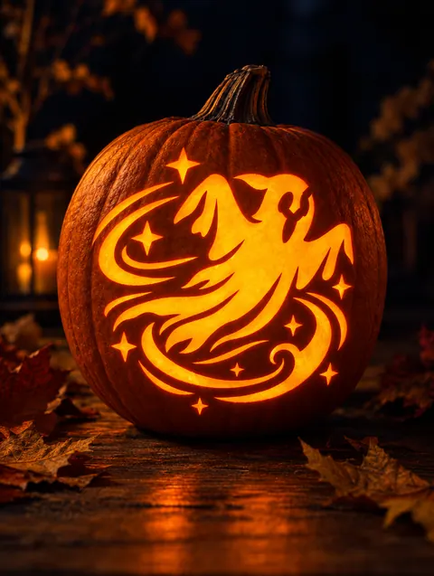 Swirling Ghost design carved into a pumpkin and lit with a candle