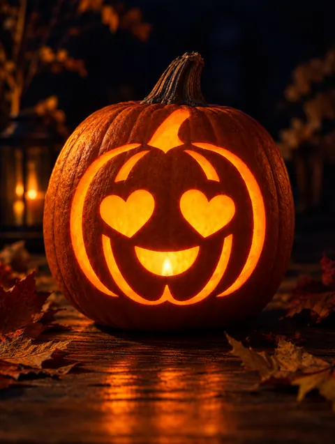 Heart Eyes Pumpkin Face design carved into a pumpkin and lit with a candle