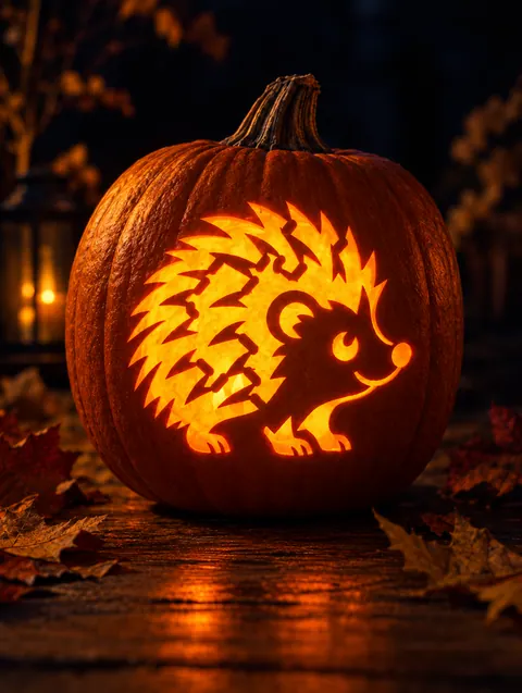 Hedgehog design carved into a pumpkin and lit with a candle