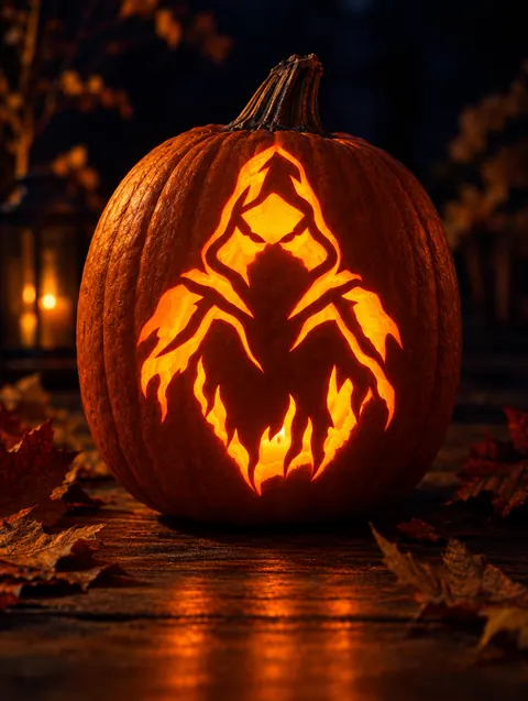 Hooded Figure design carved into a pumpkin and lit with a candle