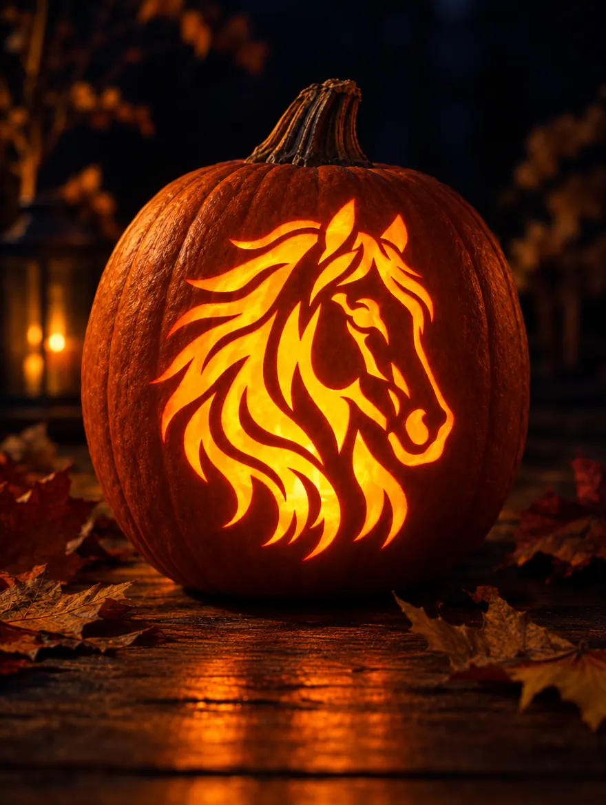 Horse Head design carved into a pumpkin and glowing with candlelight