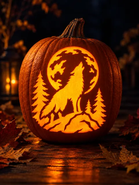 Howling Wolf design carved into a pumpkin and lit with a candle