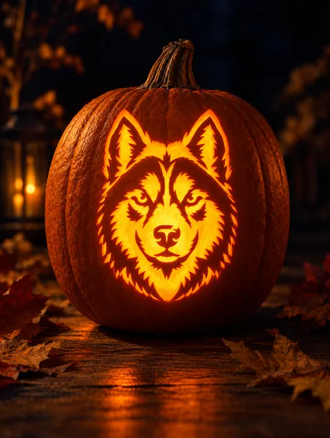 Husky design carved into a pumpkin and lit with a candle