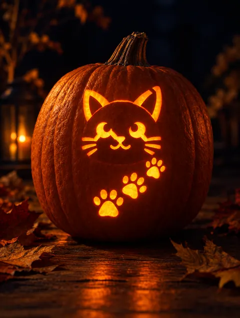 Kitten and Paw Prints design carved into a pumpkin and lit with a candle