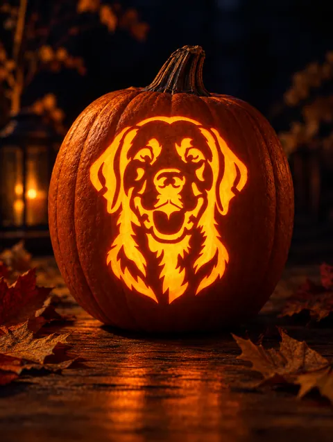 Labrador design carved into a pumpkin and lit with a candle