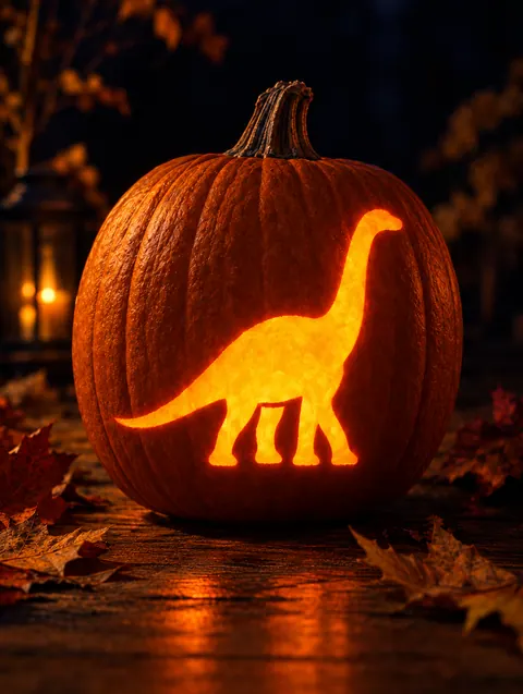 Long Neck Dinosaur design carved into a pumpkin and lit with a candle