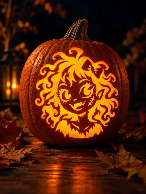 Monster Bride design carved into a pumpkin and lit with a candle