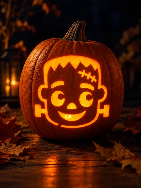 Cute Monster design carved into a pumpkin and lit with a candle