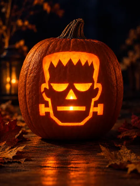 Easy Monster design carved into a pumpkin and lit with a candle