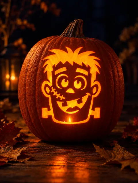 Monster Face design carved into a pumpkin and lit with a candle