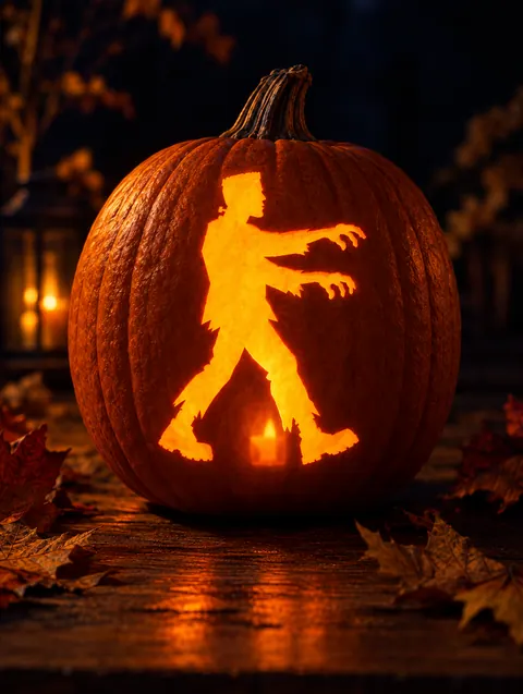 Monster Arms Out design carved into a pumpkin and lit with a candle
