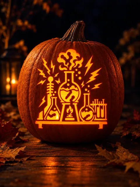 Mad Lab design carved into a pumpkin and lit with a candle