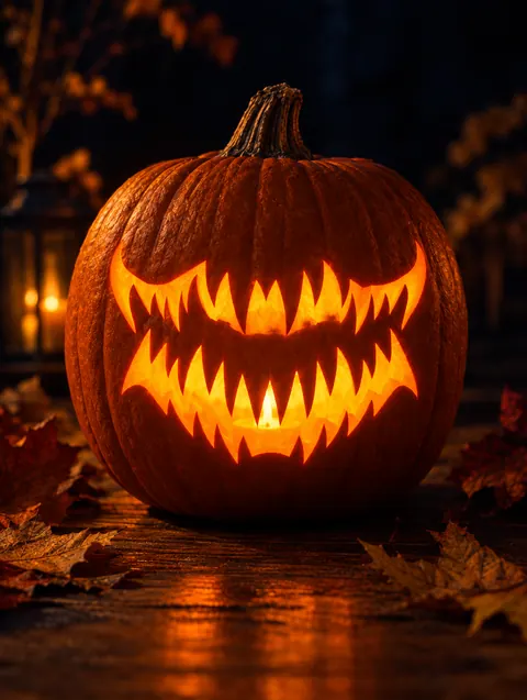 Monster Mouth design carved into a pumpkin and lit with a candle