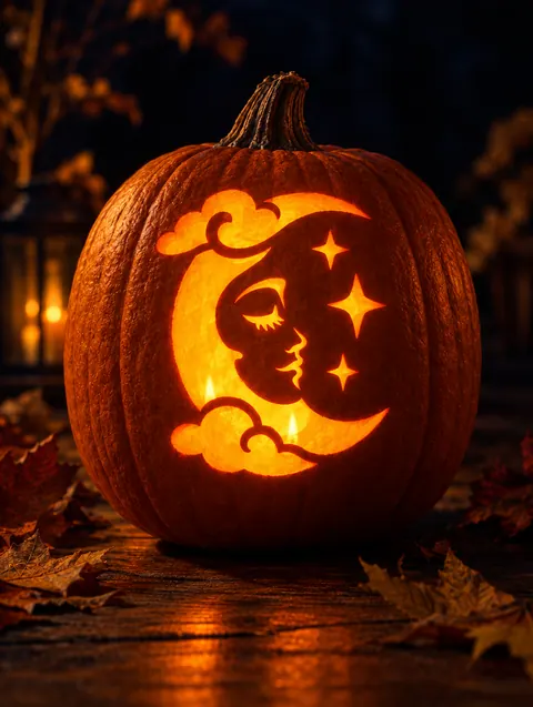 Moon Face design carved into a pumpkin and lit with a candle