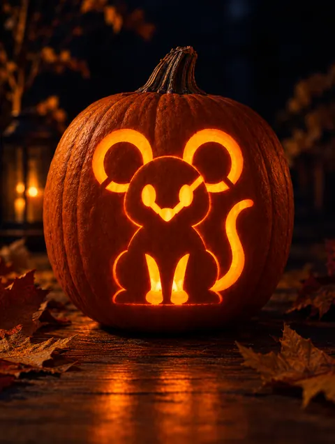 Mouse design carved into a pumpkin and lit with a candle