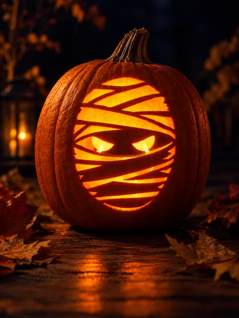 Mummy Face design carved into a pumpkin and lit with a candle