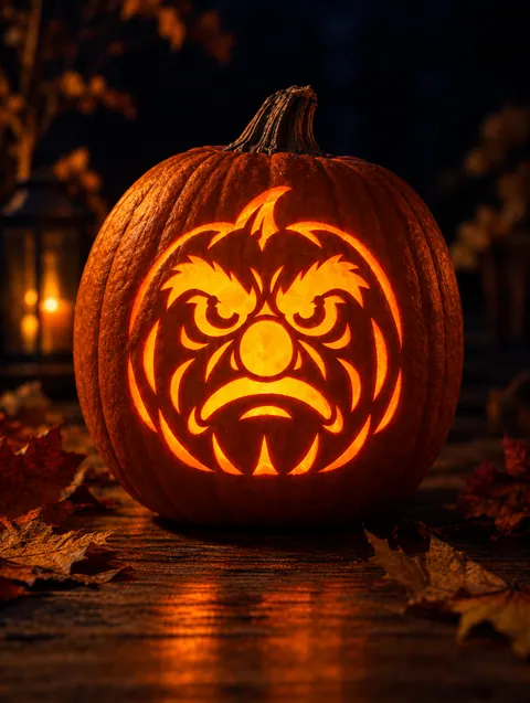 Grumpy Old Pumpkin Face design carved into a pumpkin and lit with a candle
