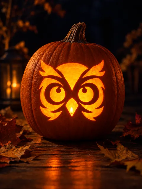 Owl Face design carved into a pumpkin and lit with a candle