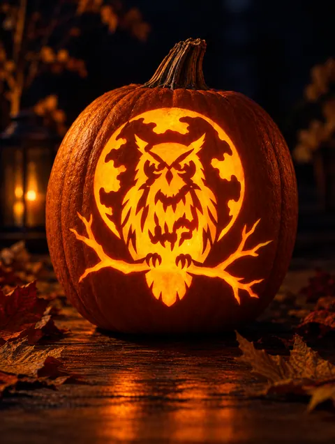Owl and Moon design carved into a pumpkin and lit with a candle