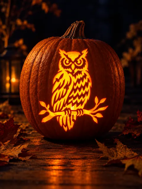 Owl on a Branch design carved into a pumpkin and lit with a candle