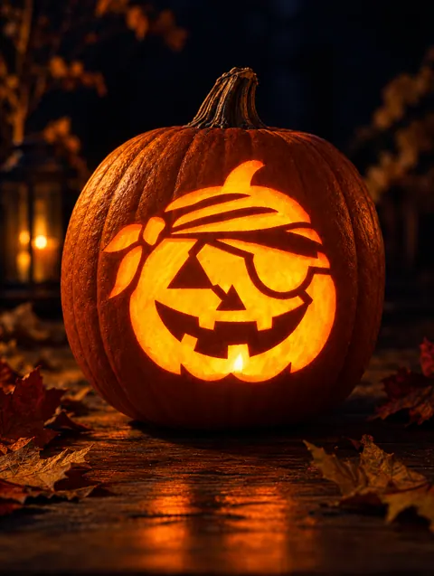 Pirate Pumpkin Face design carved into a pumpkin and lit with a candle