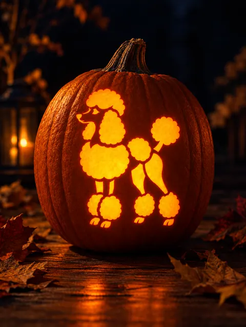 Poodle design carved into a pumpkin and lit with a candle