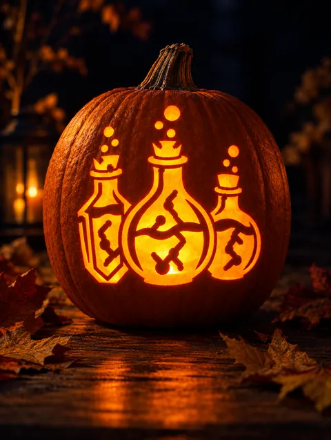 Potion Bottles design carved into a pumpkin and lit with a candle