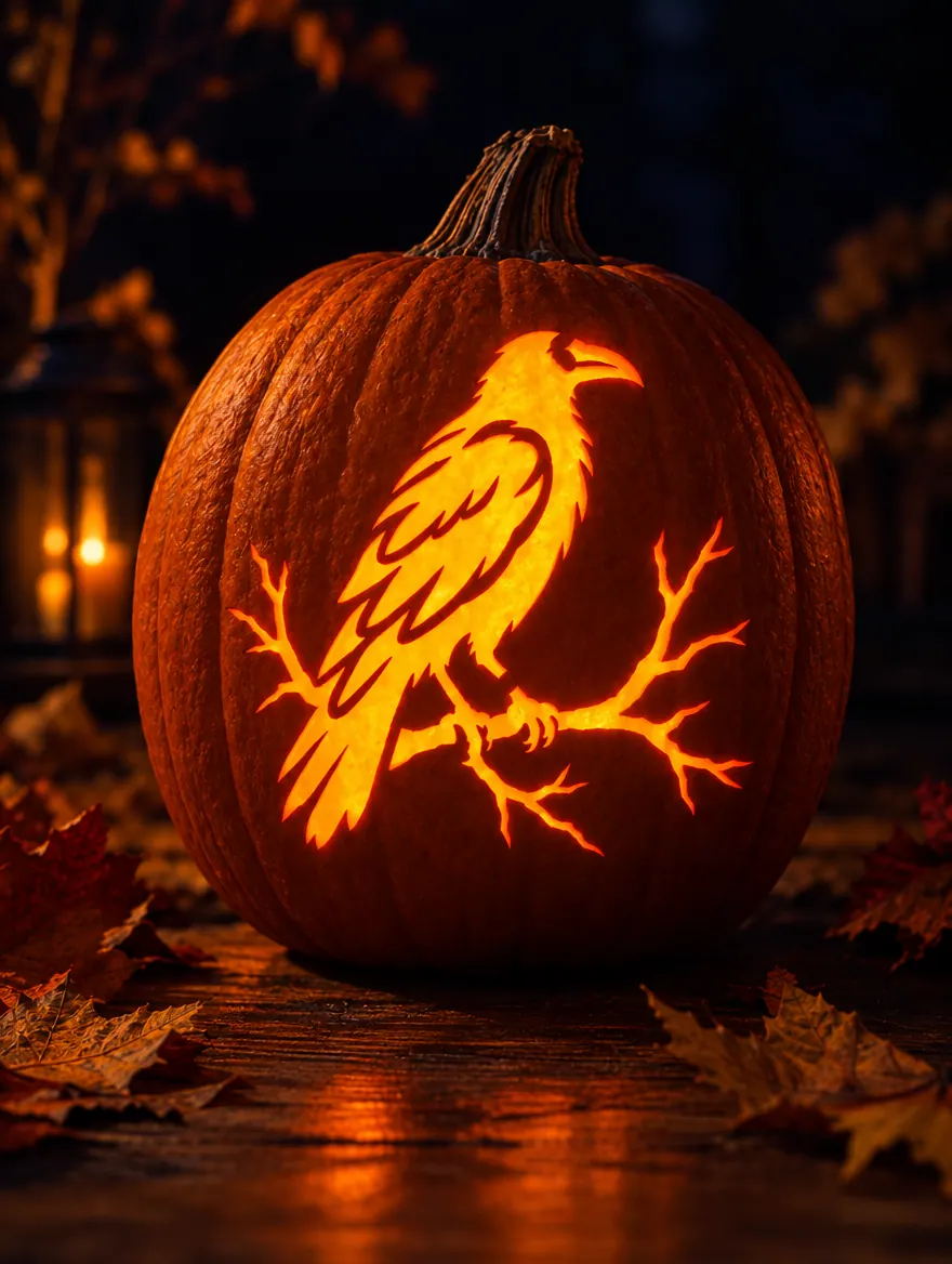 Raven on a Branch design carved into a pumpkin and glowing with candlelight
