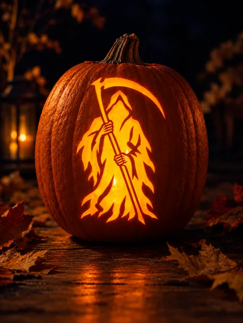 Easy Reaper design carved into a pumpkin and lit with a candle