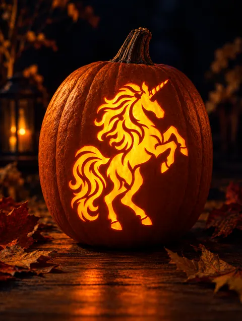 Rearing Unicorn design carved into a pumpkin and lit with a candle